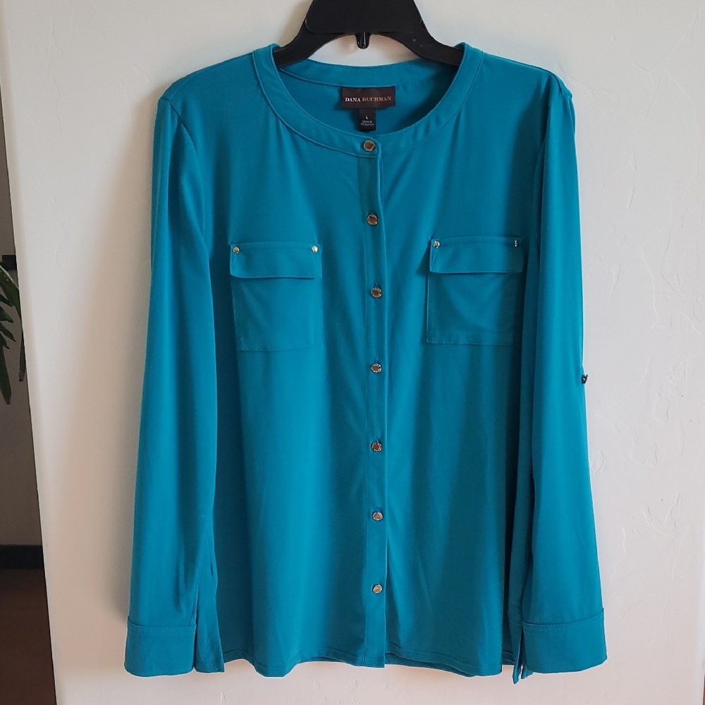 Teal Button Shirt Pockets Top Lg